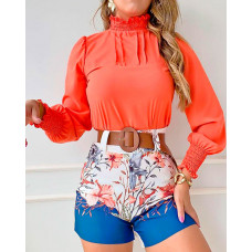 Frill Hem Shirred Plain Top & Floral Print Shorts Set - red