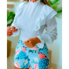 Frill Hem Shirred Top & Floral Print Shorts Set - blue