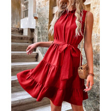 Frill Hem Sleeveless Smock Swing Dress - Wine red