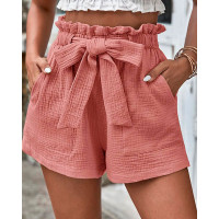 Frill Hem Tied Detail Pocket Design Shorts - pink