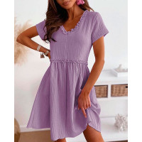 Frill Hem V-Neck Short Sleeve Casual Dress - purple