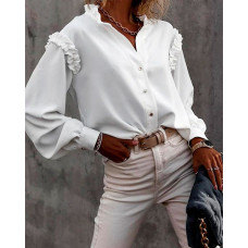 Frill Trim Lantern Sleeve Button Up Top - white