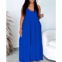 Frill Trim Pocket Detail Cami Maxi Dress - blue