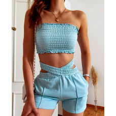 Frill Trim Shirred Bandeau Top & Cut-Out Shorts Set - blue