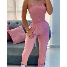 Frill Trim Shirred Tube Jumpsuit - pink