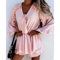 Frill Trim Surplice Neck Tie Front Layered Romper - pink