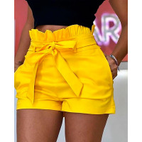 Frills High Waist Short Pants With Belt - yellow