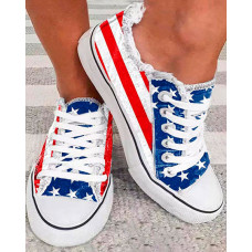 Fringe Hem American Flag Lace-up Canvas Shoes - blue&red