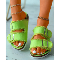 Fringe Hem Buckled Open Toe Knit Slippers - green