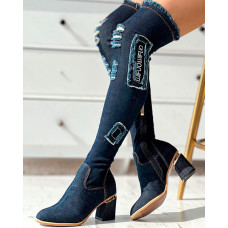 Fringe Hem Ripped Over The Knee Chunky Boots - dark blue