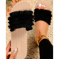 Fringe Hem Summer Beach Slippers - black