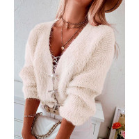 Fuzzy Bowknot Pattern Knit Cardigan - beige