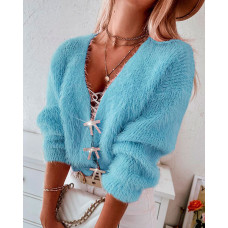 Fuzzy Bowknot Pattern Knit Cardigan - blue