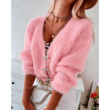 Fuzzy Bowknot Pattern Knit Cardigan - pink