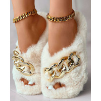 Fuzzy Chain Decor Cross Strap Slippers - beige