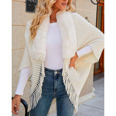 Fuzzy Collar Shawl Poncho Cardigan - white