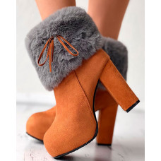 Fuzzy Detail Chunky Heel Boots - brown