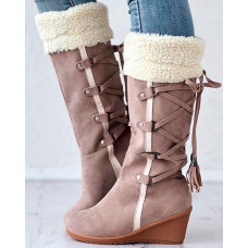 Fuzzy Detail Lace-up Tassel Design Wedge Calf Boots - khaki