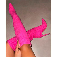 Fuzzy Over The Knee Stiletto Heel Boots - hot pink