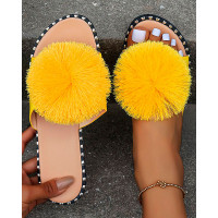 Fuzzy Pom Pom Wide Strap Slippers - yellow