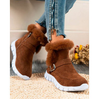 Fuzzy Trim Buckled Lined Snow Boots - brown