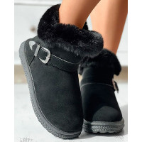 Fuzzy Trim Lined Buckled Snow Boots - black