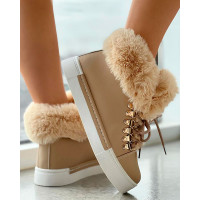 Fuzzy Trim Lined Hidden Wedge Snow Boots - beige