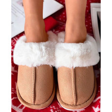 Fuzzy Trim Round Toe Slippers - brown