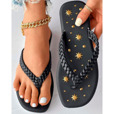 Galaxy Pattern Braided Strap Flip Flops - black