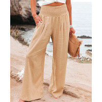 Gathered Waist Pocket Design Wide Leg Pants - khaki