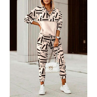 Geo Letter Print Long Sleeve Top & Pants Set - Apricot