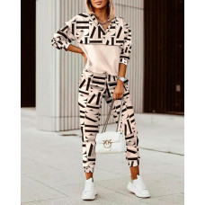 Geo Letter Print Long Sleeve Top & Pants Set - Apricot