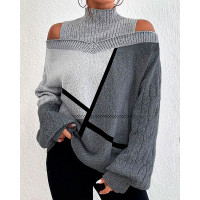 Geo Pattern Cold Shoulder Lantern Sleeve Sweater - gray