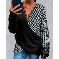 Geo Pattern Contrast Lace Long Sleeve Wrap Sweater - black