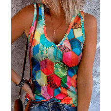 Geo Pattern Print V-Neck Tank Top - Multicolor