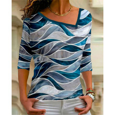 Geo Print Asymmetrical Neck Long Sleeve Top - blue