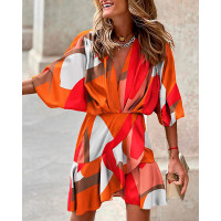 Geo Print Batwing Sleeve Ruffle Hem Casual Dress - orange