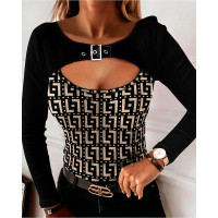 Geo Print Buckle Detail Cutout Front Ribbed Top - black