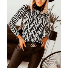 Geo Print Button Detail Long Sleeve Top - black