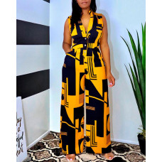 Geo Print Button Front Wide Leg Jumpsuit - yellow