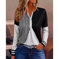 Geo Print Colorblock Button Front Long Sleeve Top - blackwhite