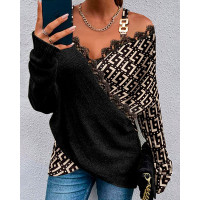 Geo Print Contrast Lace Cold Shoulder Wrap Top - brown