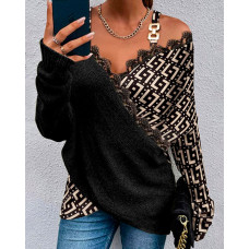 Geo Print Contrast Lace Cold Shoulder Wrap Top - brown