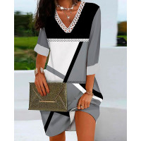 Geo Print Contrast Lace Long Sleeve Casual Dress - gray