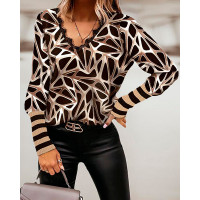 Geo Print Contrast Lace Long Sleeve Top - brown