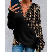 Geo Print Contrast Lace Long Sleeve Wrap Top - black