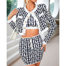 Geo Print Crop Top & Skirt Set With Coat - black