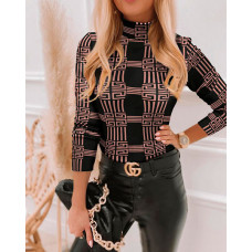 Geo Print High Neck Long Sleeve Top - black