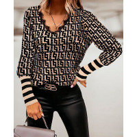 Geo Print Lace Trim Long Sleeve Top - black