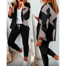 Geo Print Long Sleeve Blazer & Pants Set - black